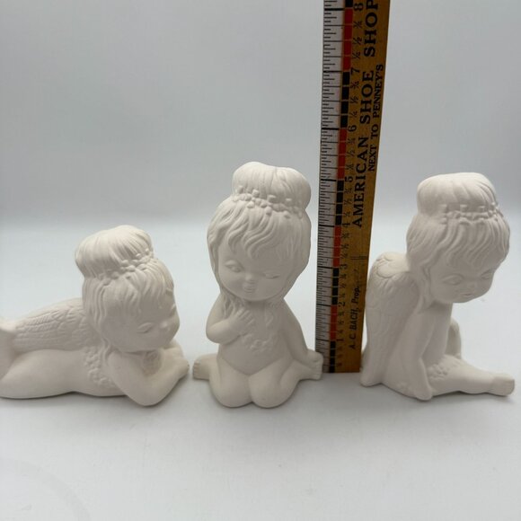 Vtg Ceramic Bisque Angel Figurines Sitting Kneeling Lying Down Greenware Set/3 - Picture 6 of 7